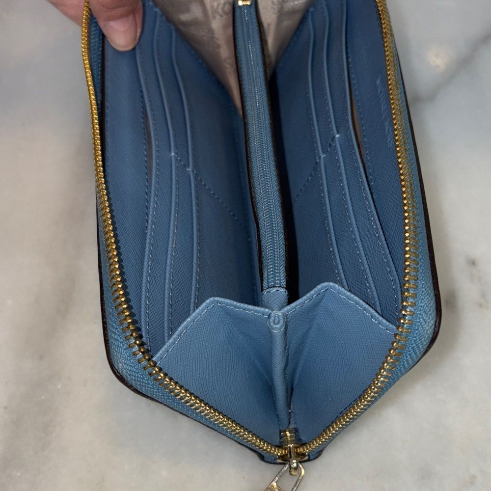 Michael Kors Wallet Blue Jet Set Travel Large Saffiano Leather Fill Quarter-Zip - Picture 15 of 16